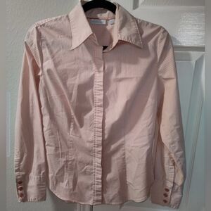 New York & Company Women's Medium Pink White Striped Button Shirt Blouse Stripes